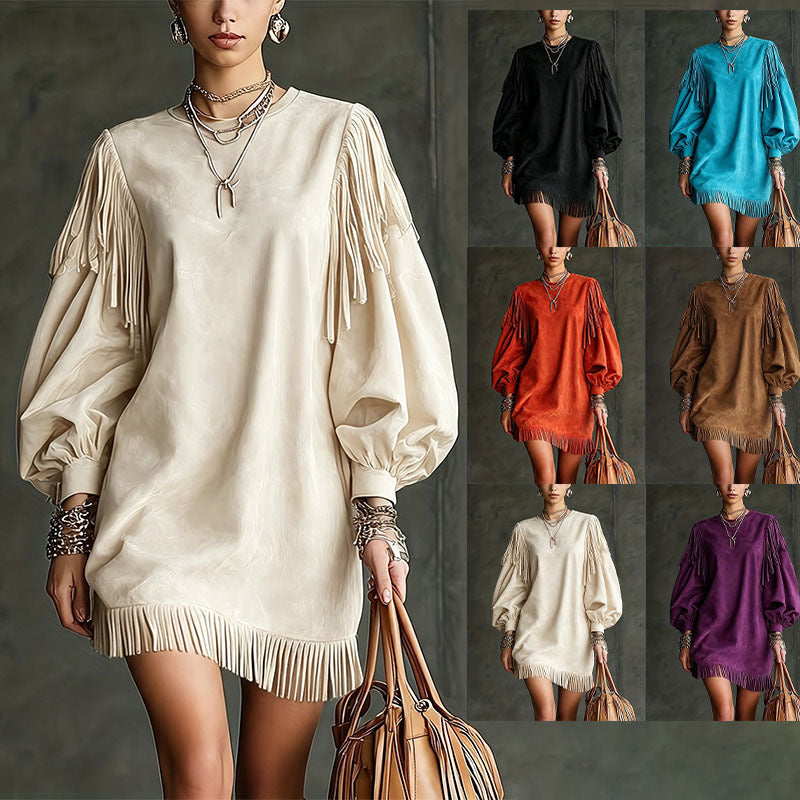 A woman models a cream-colored fringe dress with voluminous balloon sleeves and layered silver jewelry. The image is a composite, with the main model on the left and six smaller colorway thumbnails on the right showing the dress in black, blue, red, cream, beige, and purple.