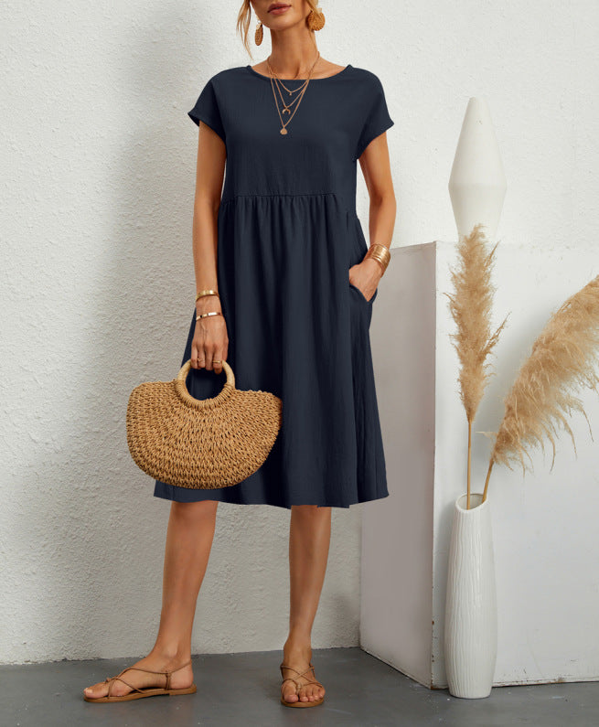 Summer Short Sleeve Round Neck A-Line Dress With Pockets Women Solid Casual Cotton Summer Dress