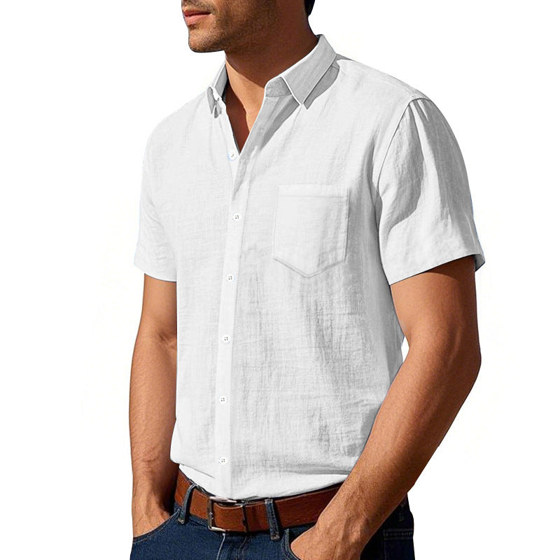 Man wearing a white short-sleeve shirt on a white background