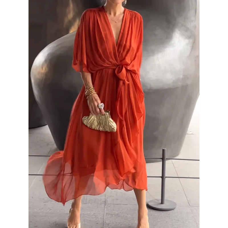 Batwing Sleeve V Neck Irregular Summer Dress Women Pure Color Tied Long Flowing Elegant Casual Womens Clothing