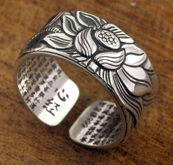 Thai Silver Black Lotus Heart Sutra Ring - ZA-Zola