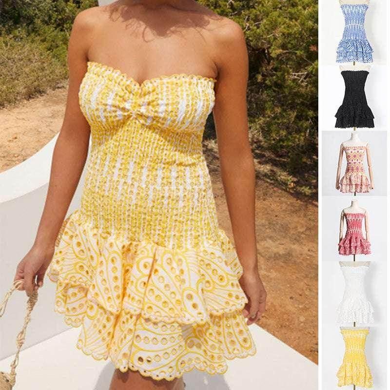 Y2K Tube Top Pleated Dress - Beach Party A-Line Dress - ZA-Zola