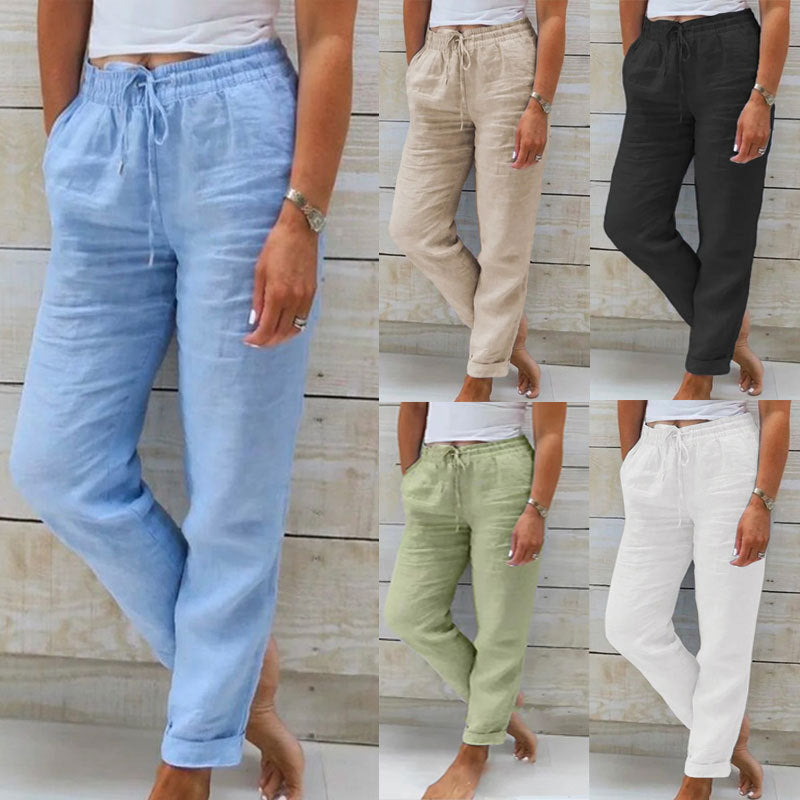 Collage of people wearing light blue, beige, black, green, and white pants against a wooden background.