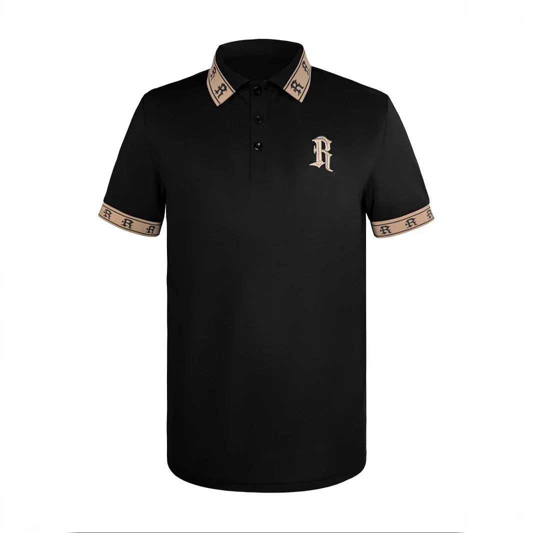Black polo shirt with beige accents on a white background