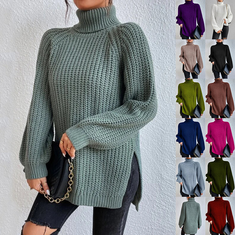 A woman models a chunky knit turtleneck sweater in sage green, with a vertical strip on the right showing the same sweater in multiple color options including purple, black, white, green, brown, blue, pink, light blue, olive green, and red.