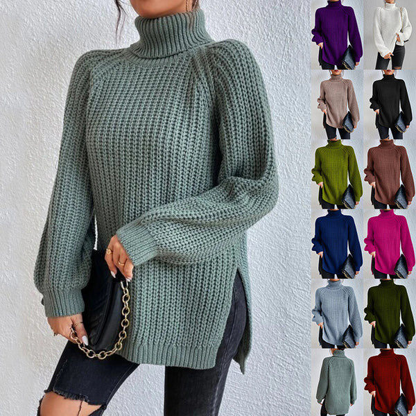 A woman models a chunky knit turtleneck sweater in sage green, with a vertical strip on the right showing the same sweater in multiple color options including purple, black, white, green, brown, blue, pink, light blue, olive green, and red.