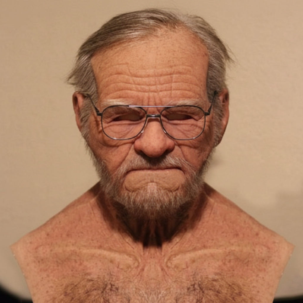 A realistic plastic or resin bust of an elderly man with gray hair, glasses, and a beard, shown against a plain beige background. Chinese text is overlaid across the middle.