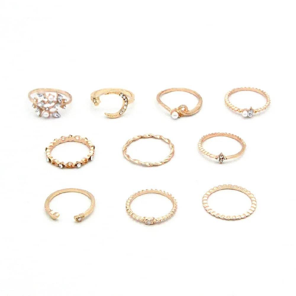 Bohemian Moon & Star Ring Set – 10-Piece Gold Look - ZA-Zola