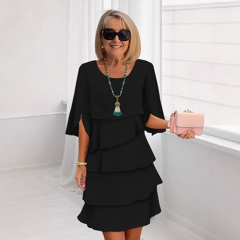 Round Neck Patchwork Cake Skirt Midi Dress for Women