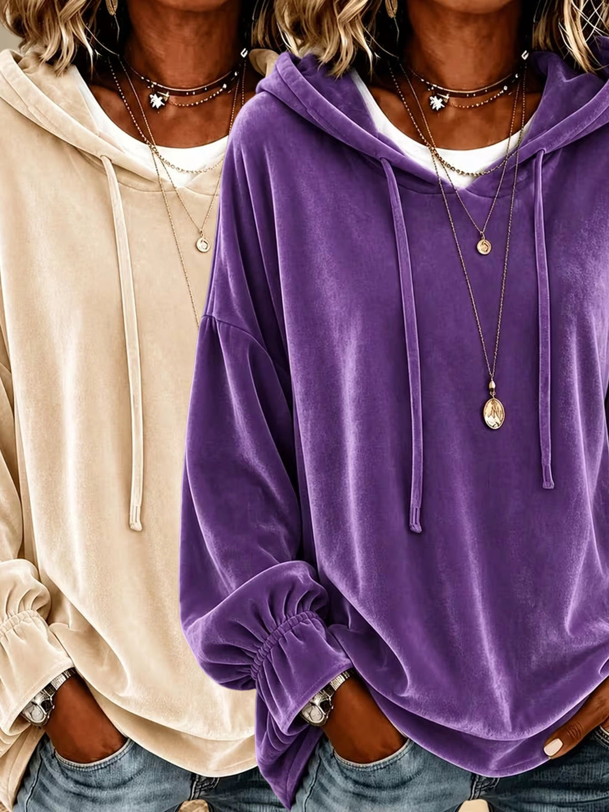 Two women wearing oversized velvet hoodies, one in beige and one in purple, styled with layered necklaces and jeans.