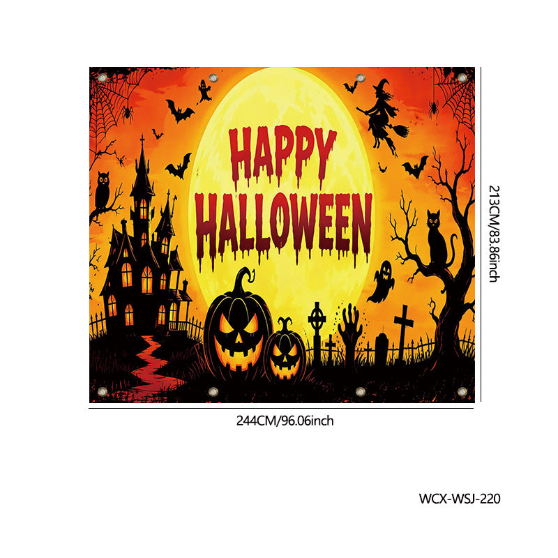 Halloween banner decoration with a spooky orange and yellow design, featuring a haunted house, jack-o'-lanterns, witch silhouette, bats, spiderwebs, and the words 'Happy Halloween' in dripping red letters. The image includes dimension markings of 244CM/96.