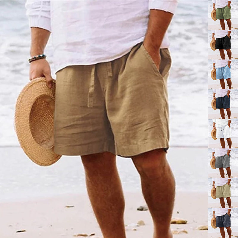 Person wearing beige shorts and a straw hat on a beach, with multiple views of the same person in different outfits.