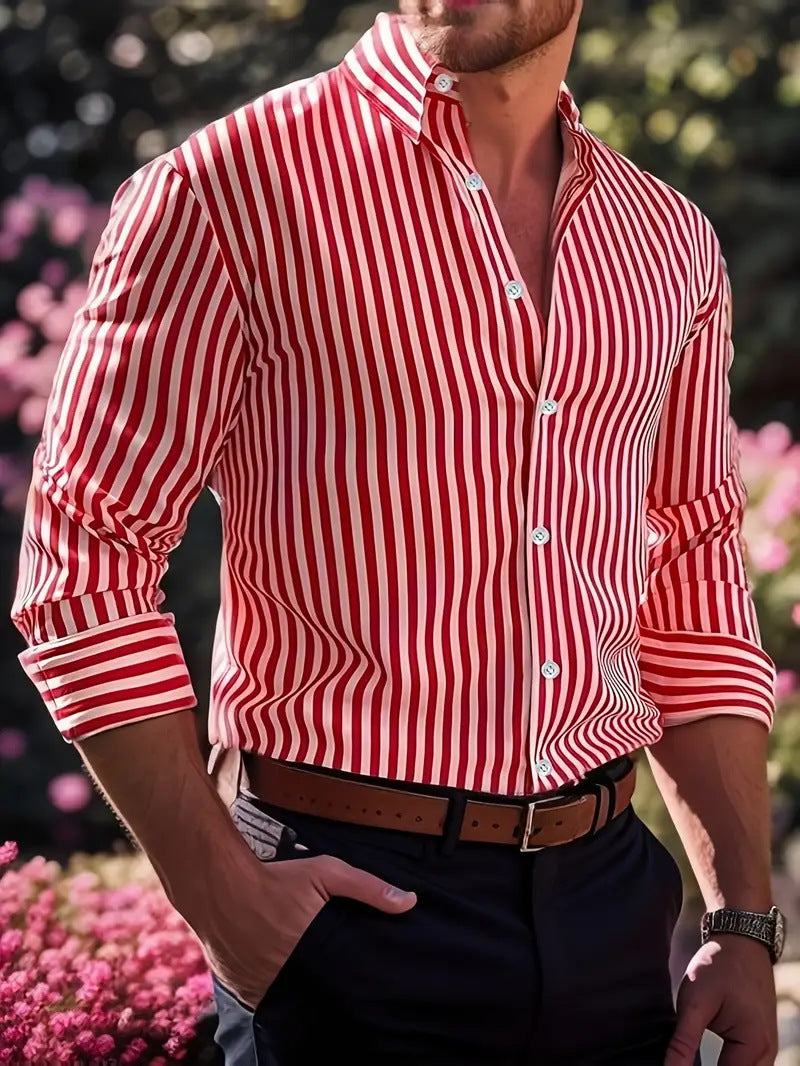 Red and white striped shirt worn by a person with a blurred floral background