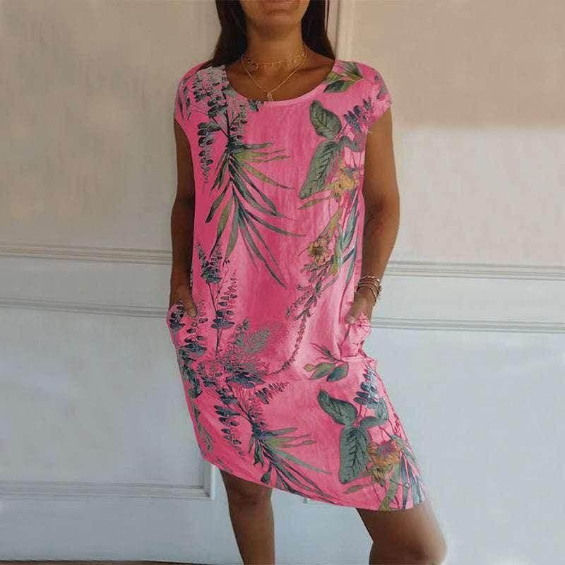 Floral Leaf Print Cotton Summer Dress with Pockets - ZA-Zola