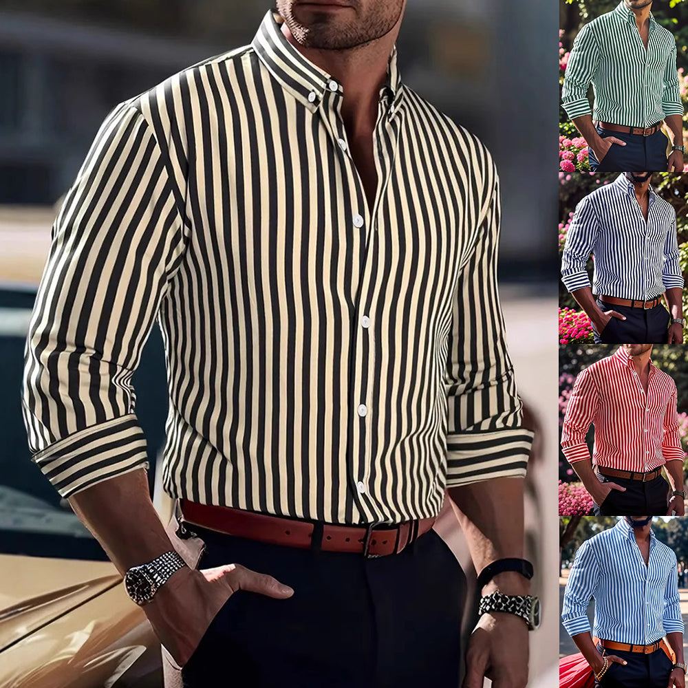 Man wearing a black and white striped shirt with additional images of people wearing similar shirts.
