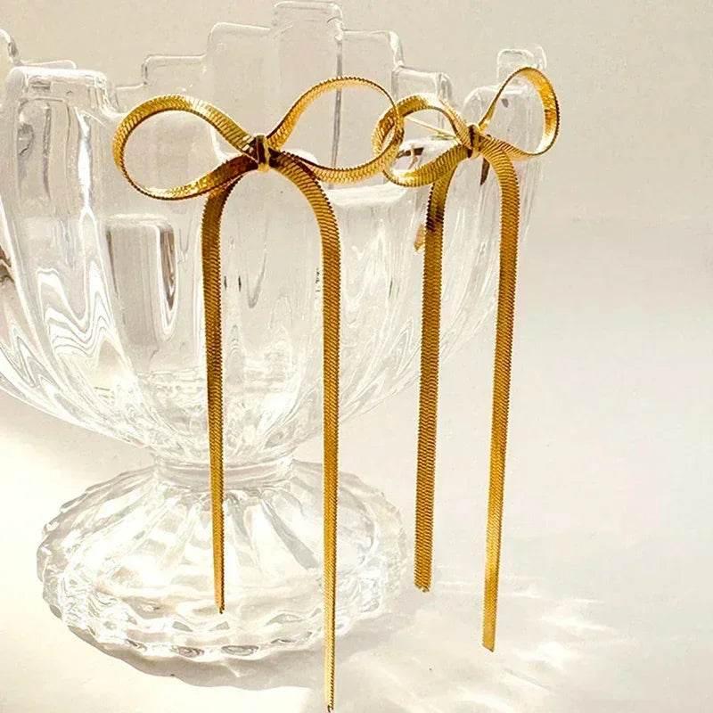 18k Gold Plated Bow Earrings – Hypoallergenic Herringbone Design - ZA-Zola