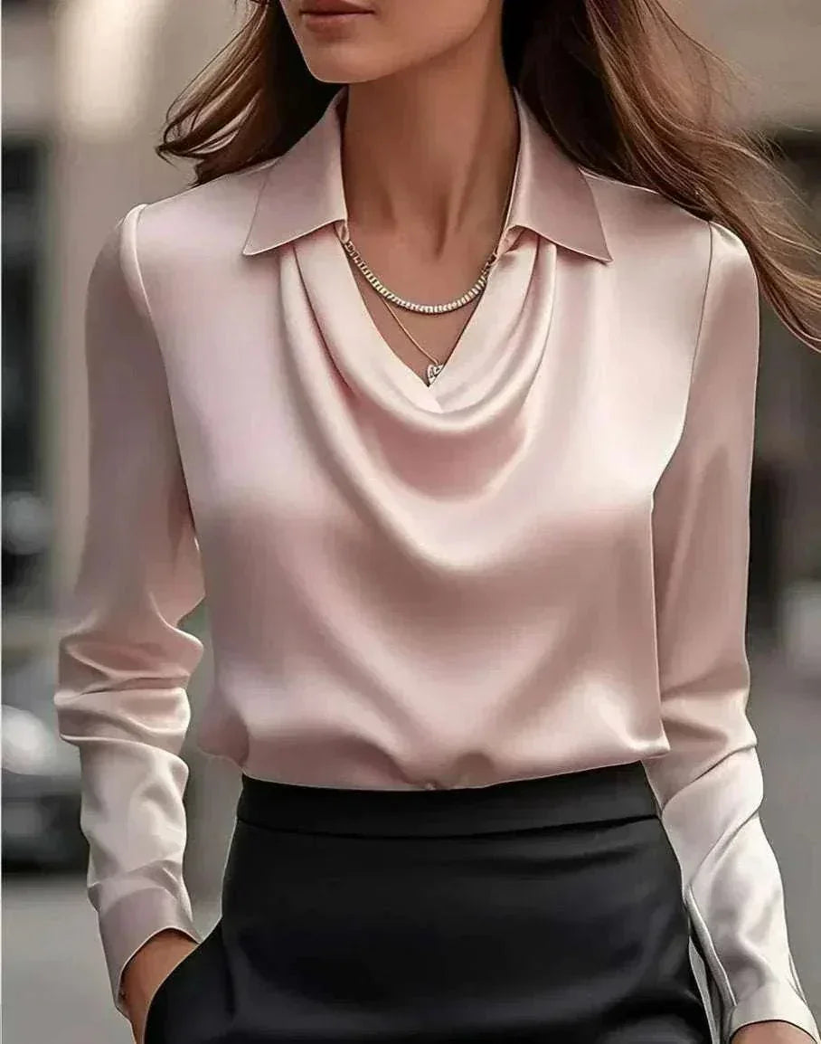 Elegant Satin Draped Swing Collar Blouse - ZA-Zola