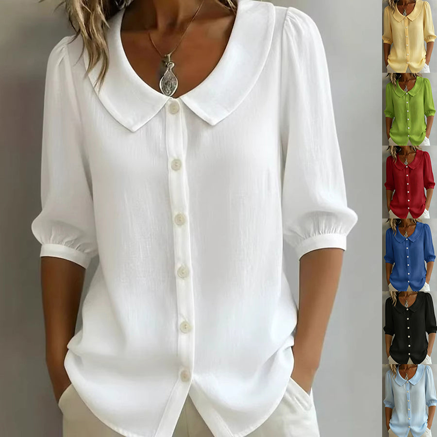 White blouse with a collar worn by a model, with inset images of the blouse in different colors.