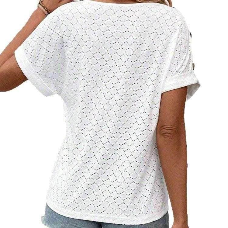 Button Jacquard Loose Summer T-Shirt for Women - ZA-Zola