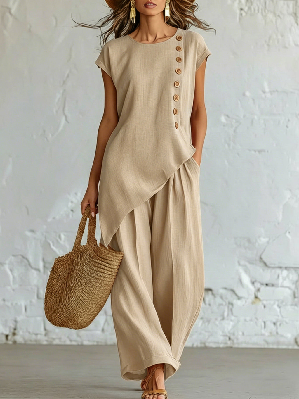 Woman wearing a beige outfit with wide-leg pants and holding a woven bag against a white brick wall.