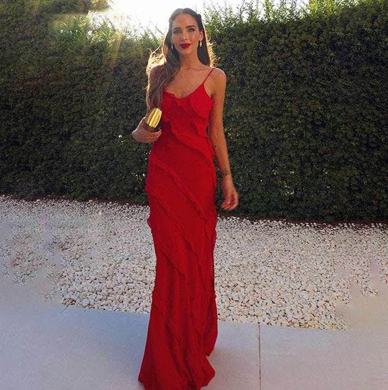 Chiffon V-Neck Long Suspender Dress with Ruffle Detail - ZA-Zola