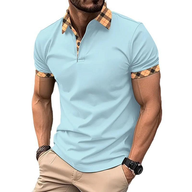 Man wearing a light blue polo shirt with plaid accents on a white background