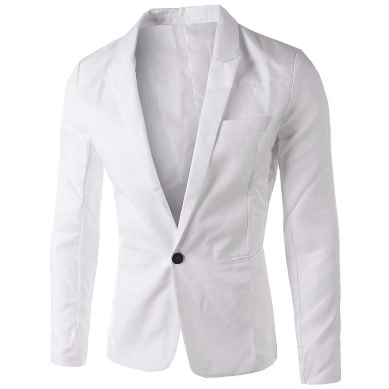 White blazer with a black button on a white background