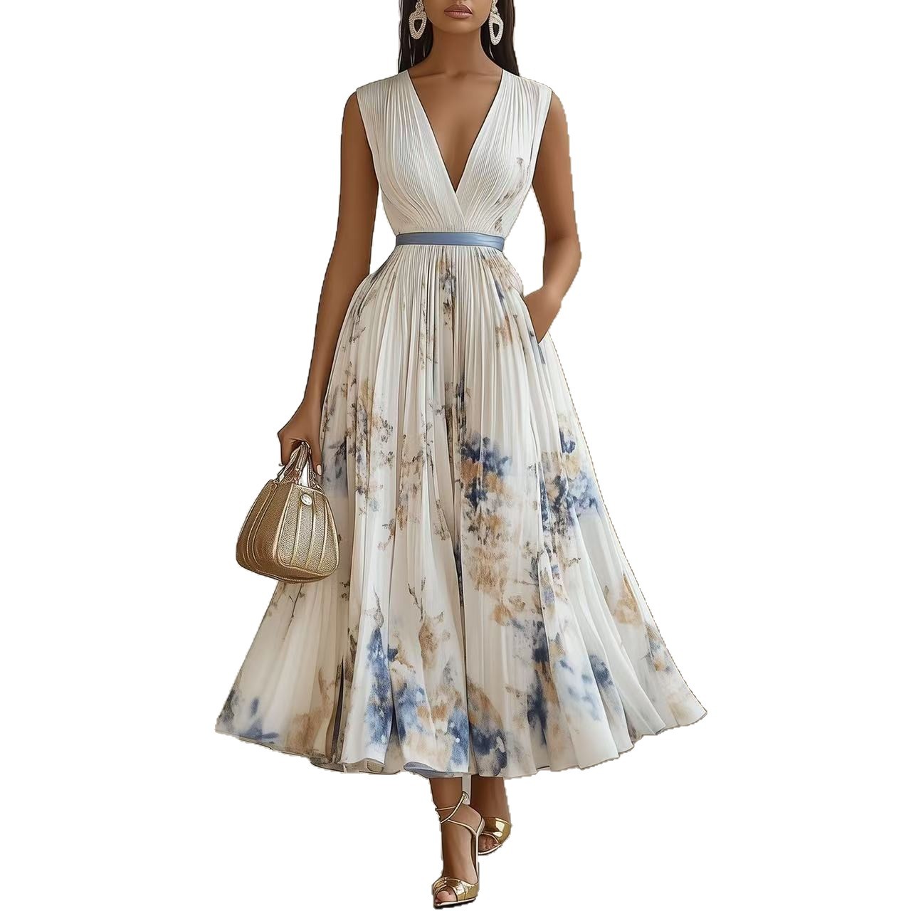 Woman wearing a floral dress with a white background
