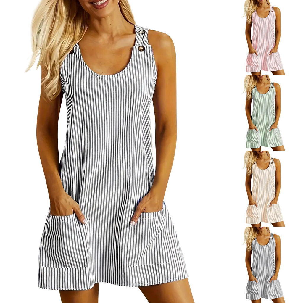 Woman wearing a black and white striped dress with four color variations displayed below.