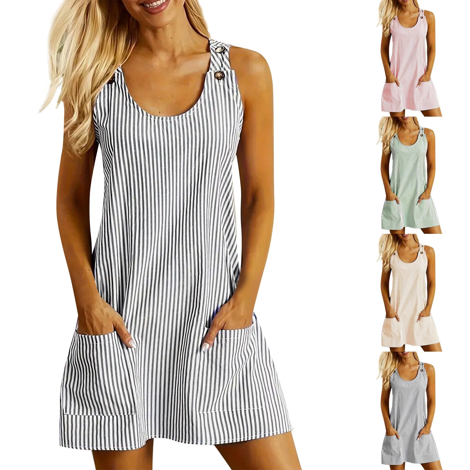 Woman wearing a black and white striped dress with four color variations displayed below.