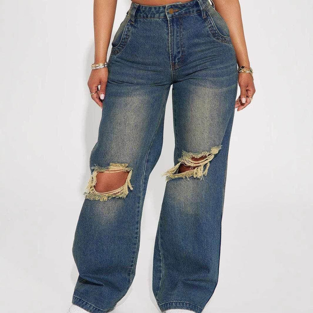 Ripped Sea Blue Wide-Leg Retro Jeans - ZA-Zola