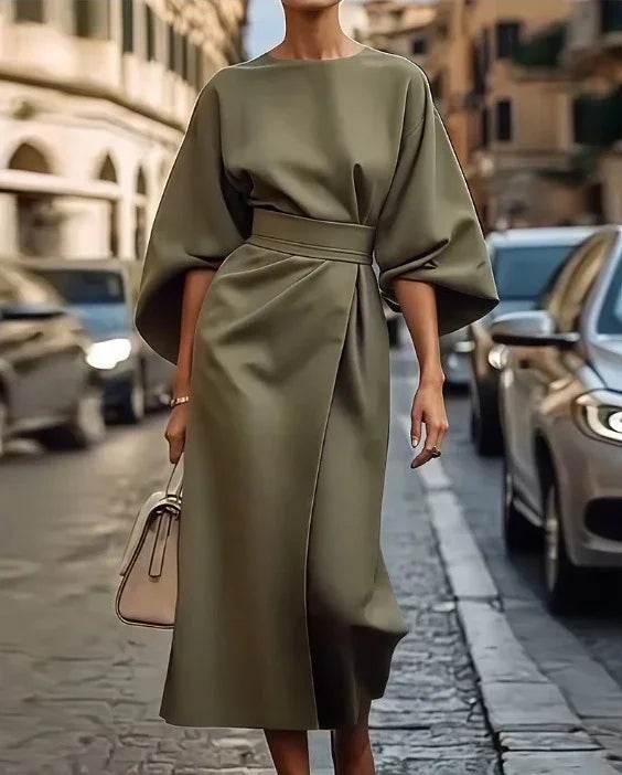 Loose Batwing Sleeve Waist-Tight Dress - ZA-Zola