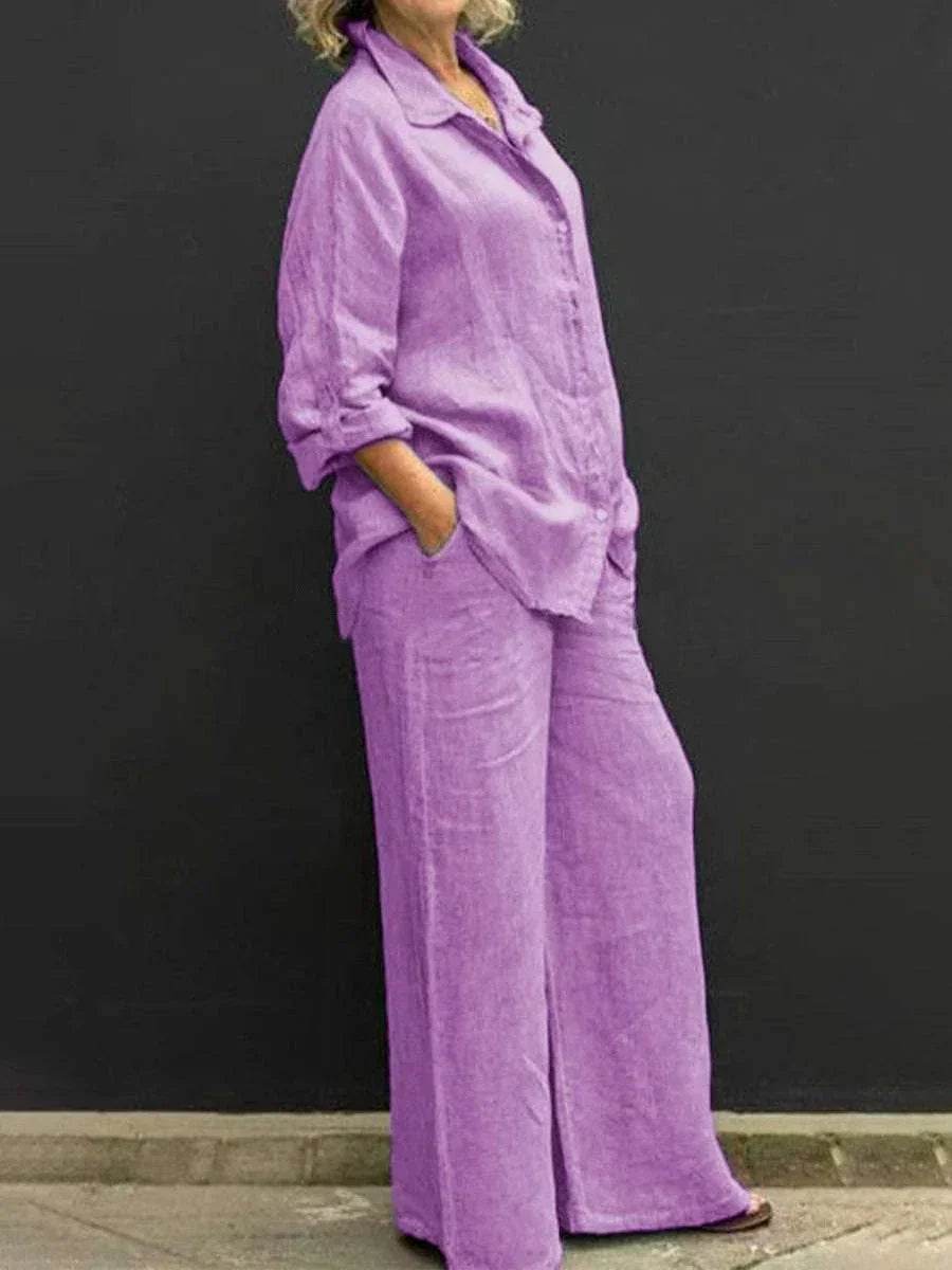 Woman in lilac linen shirt and wide-leg pants, ZA-Zola trendy fashion outfit, UK style
