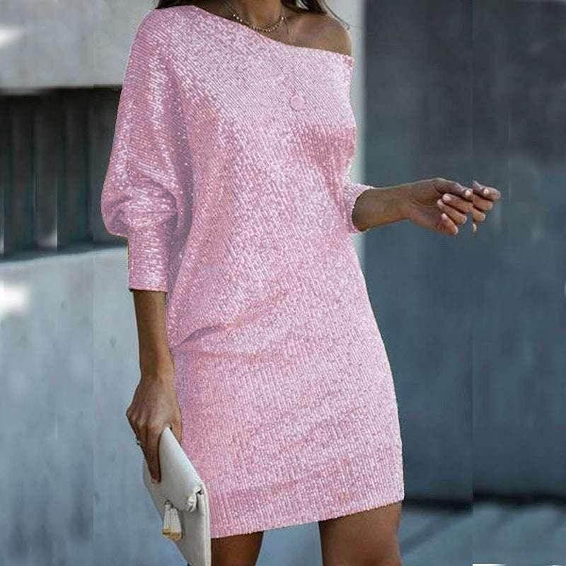 Oblique Shoulder Sequin Party Dress - ZA-Zola