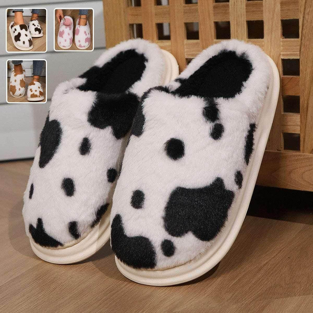 Cow Spotted Plush Slippers – Cozy Winter Warmth - ZA-Zola