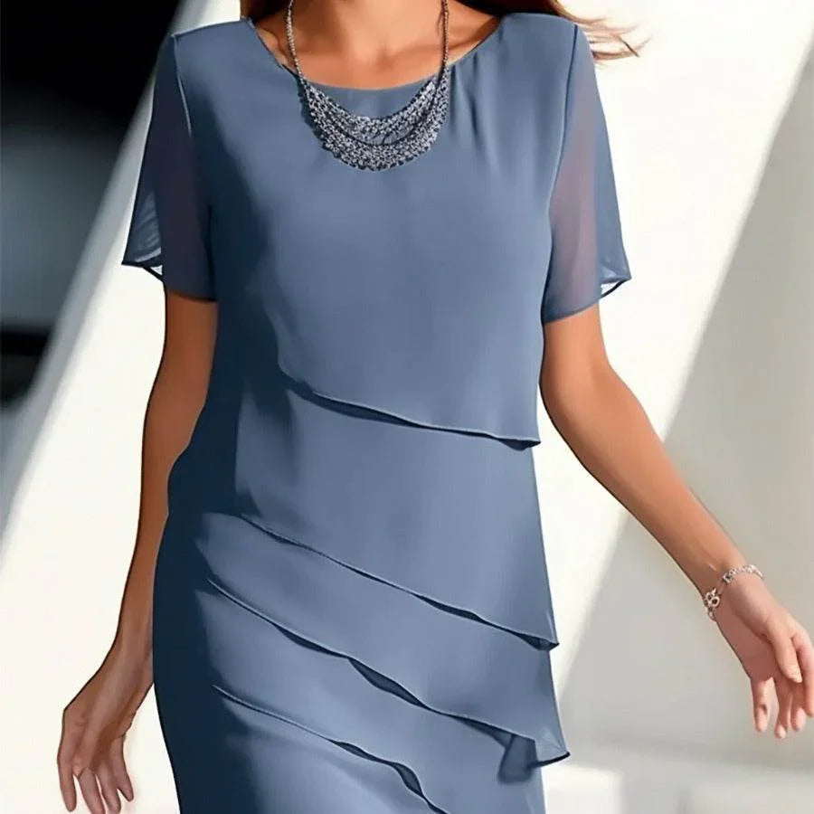 Chiffon Patchwork Round Neck Short Sleeve Dress - ZA-Zola