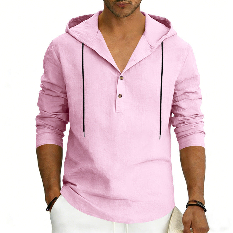 Pink hoodie with a V-neck design on a white background