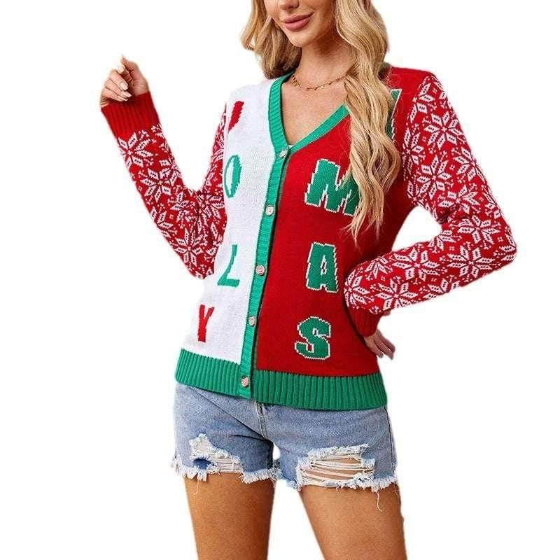 Christmas Red V-Neck Cardigan – Festive & Cozy Knit - ZA-Zola
