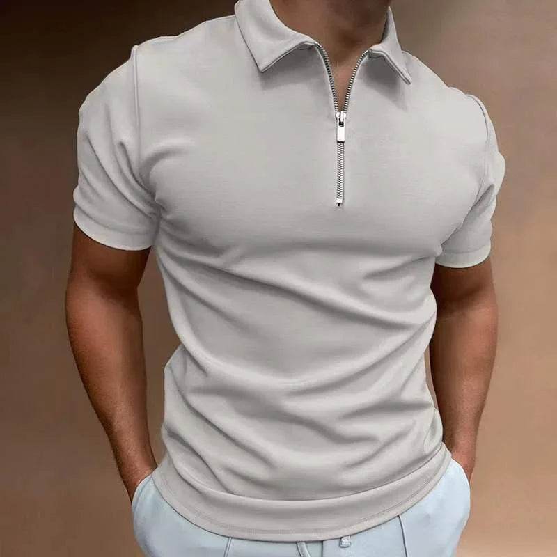 Men’s light grey zip polo shirt, short sleeve, casual fashion from ZA-Zola UK