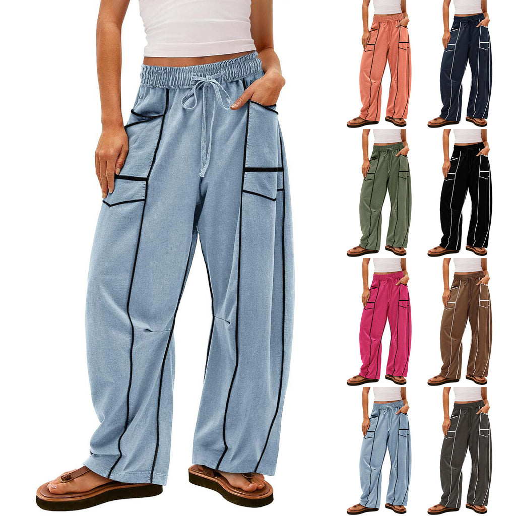 Light blue wide-leg pants with black accents worn by a person, displayed with multiple color options on a white background.