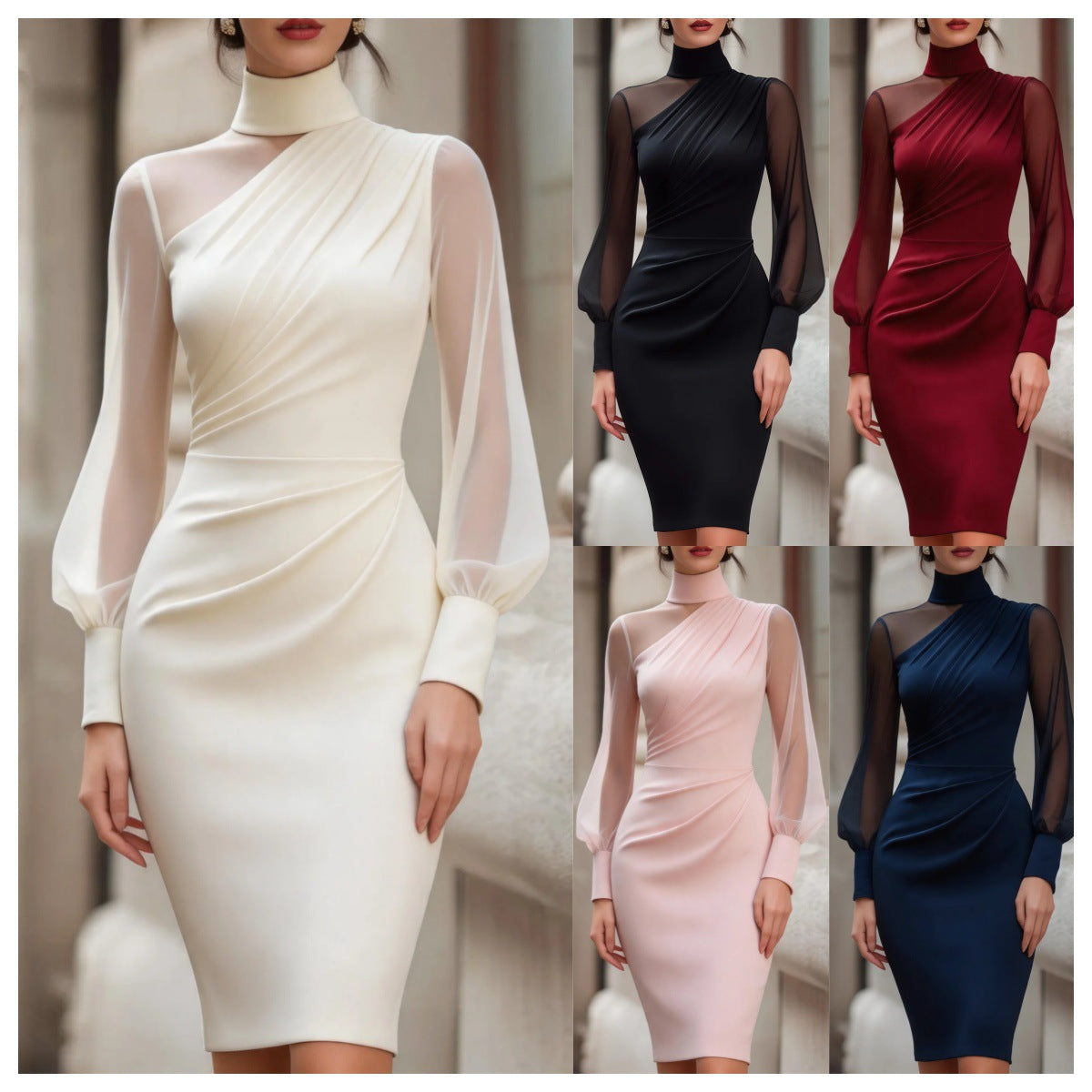 Collage of five different colored dresses with sheer sleeves on a neutral background.