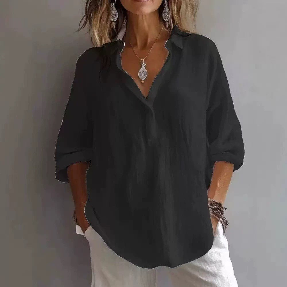 Fashion Loose Lapel Pullover 3/4 Sleeve Casual Shirt
