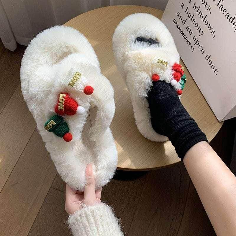 Christmas Hat Fluffy Slippers – Warm & Cute for Her - ZA-Zola