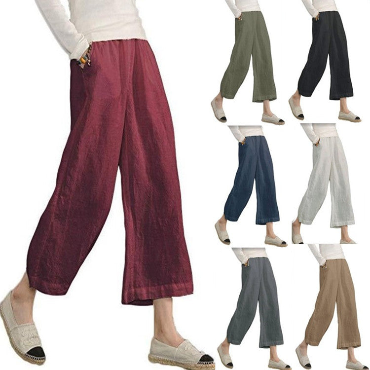 Collage of wide-leg pants in various colors worn by people on a white background