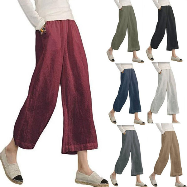 Collage of wide-leg pants in various colors worn by people on a white background