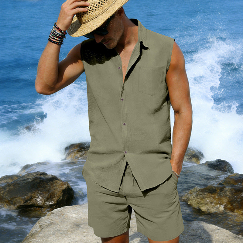 Man wearing a sleeveless shirt and shorts set by the ocean