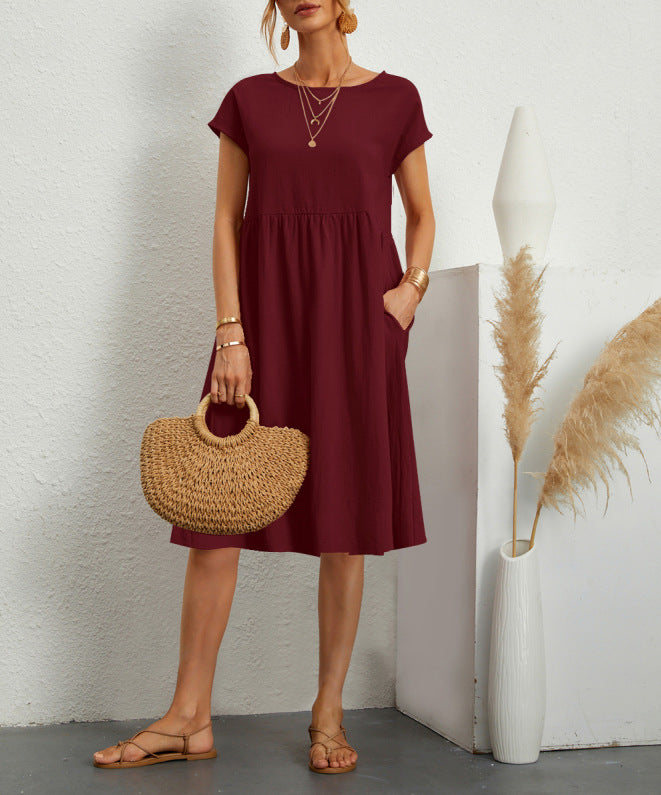Summer Short Sleeve Round Neck A-Line Dress With Pockets Women Solid Casual Cotton Summer Dress