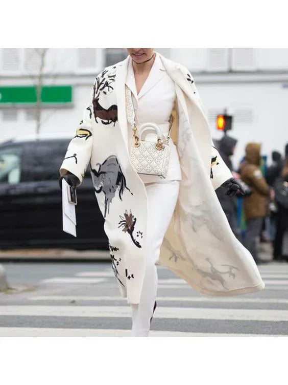 Dragon Phoenix Print Coat for Women – Woolen Long Lapel Jacket - ZA-Zola