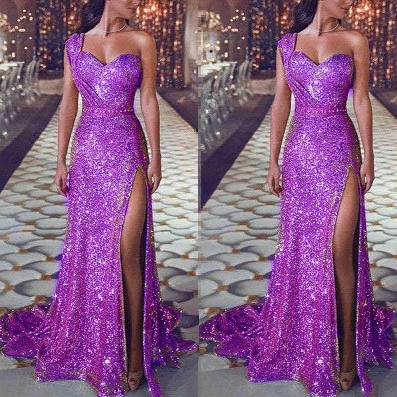 One-Shoulder Bronzing Split Dress – Elegant & Chic - ZA-Zola