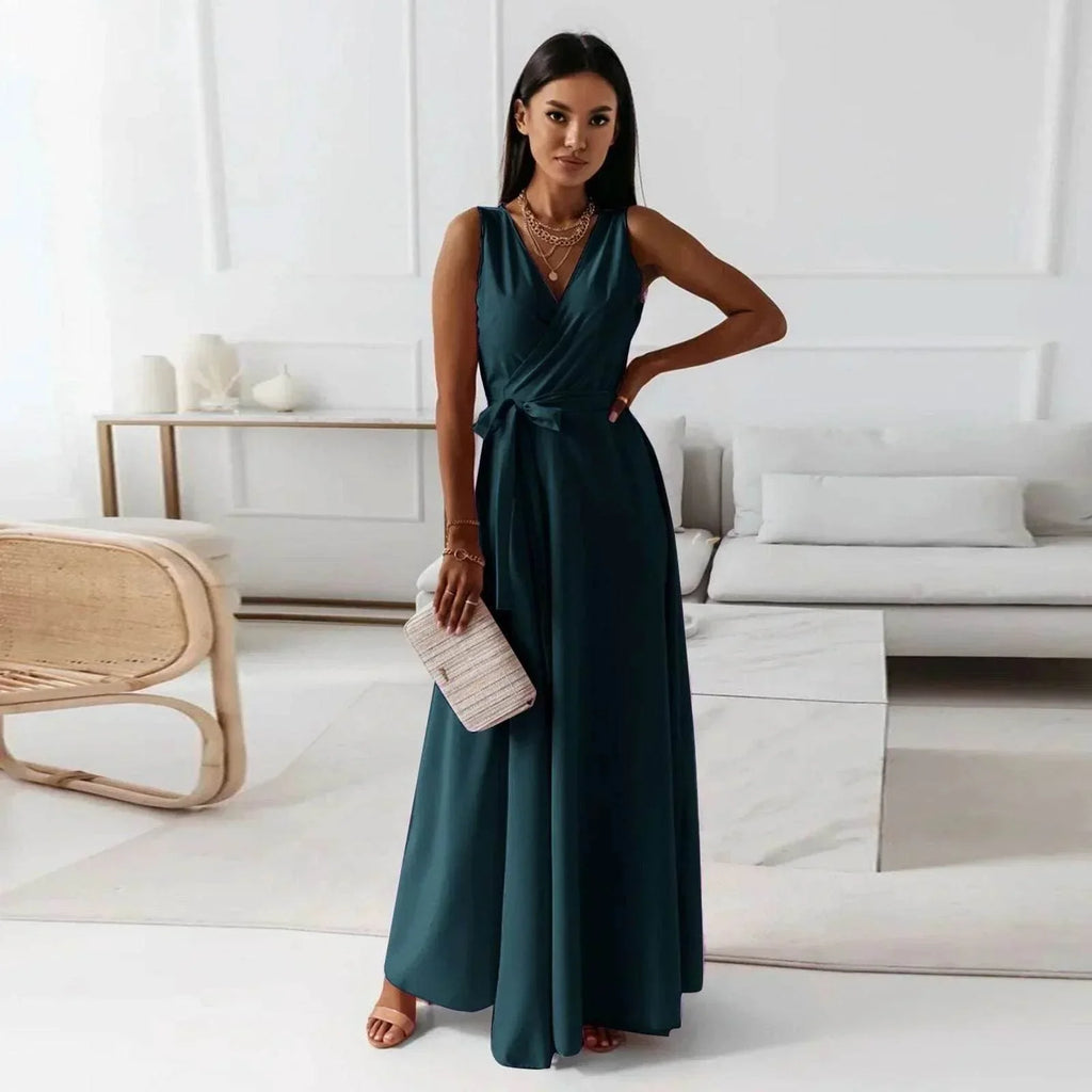 Elegant V-Neck Solid Color Formal Dress – Chic & Classy - ZA-Zola